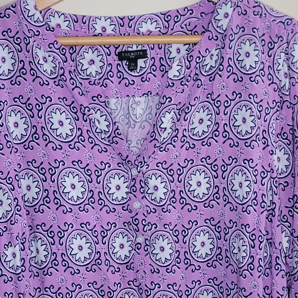Talbots Purple White Navy Patterned Floral Medallion Blouse Size 2X Plus - Picture 2 of 5